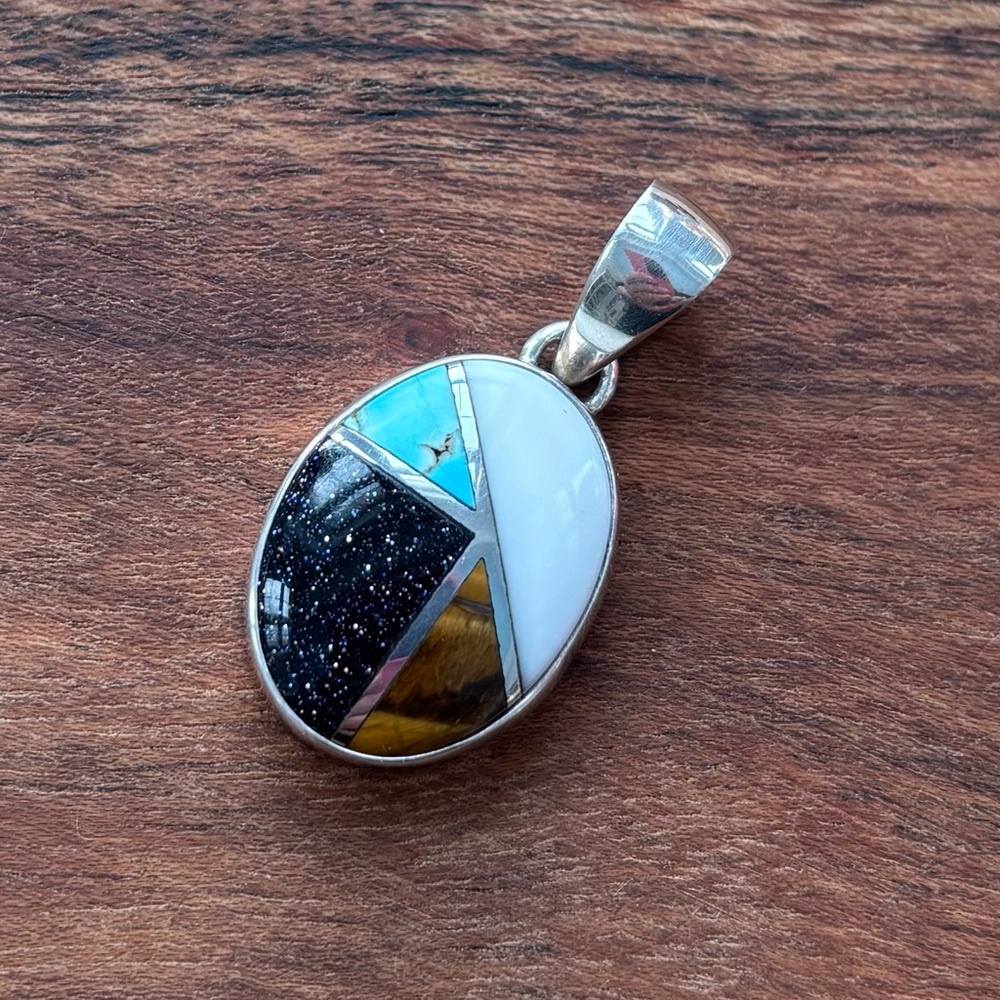 Sterling Silver Multi-stone Mosaic Pendant Turquoise Onyx Sandstone Tigers Eye